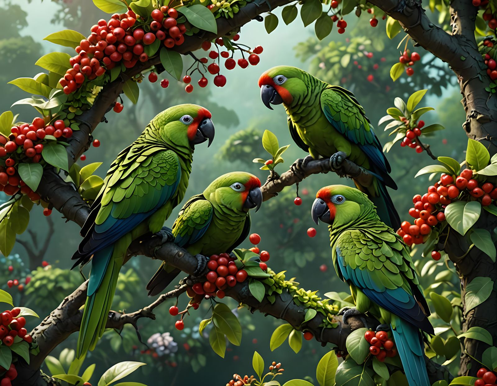 Green Parrots Feast on Berries: Fantasy Concept Art