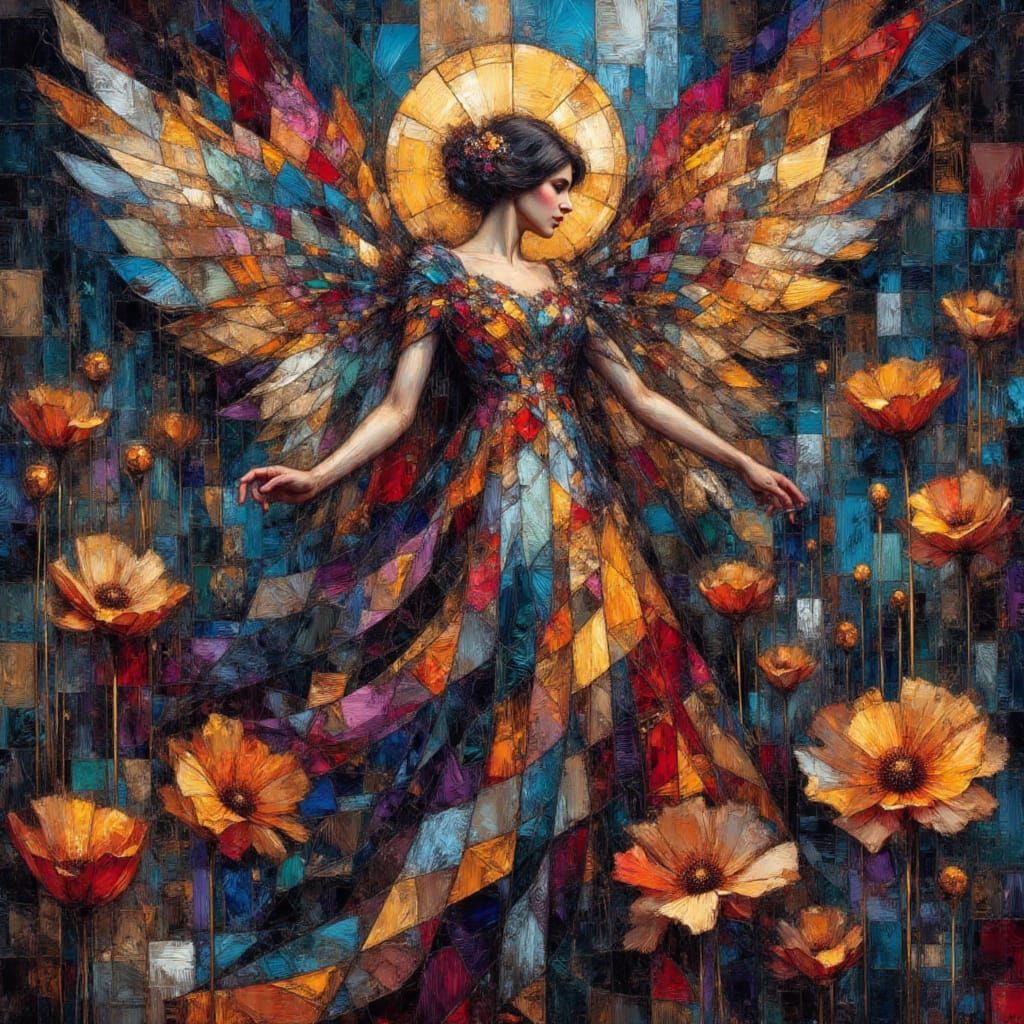 Mystical Angel in Abstract Folk Art Style