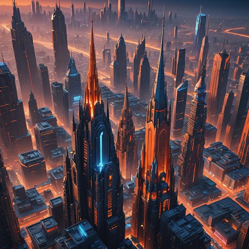 Futuristic Cityscape with Neon Lights in Matte Painting