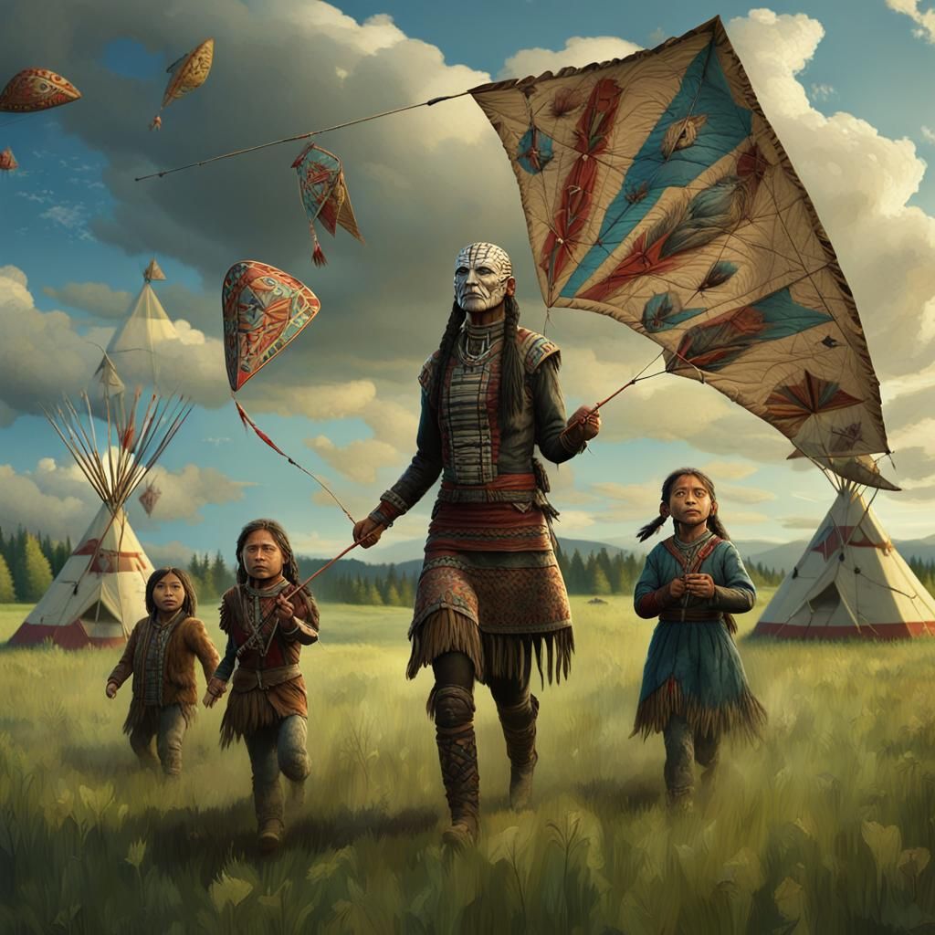 Native American Pinhead Flies Kites: Dark Fantasy Art