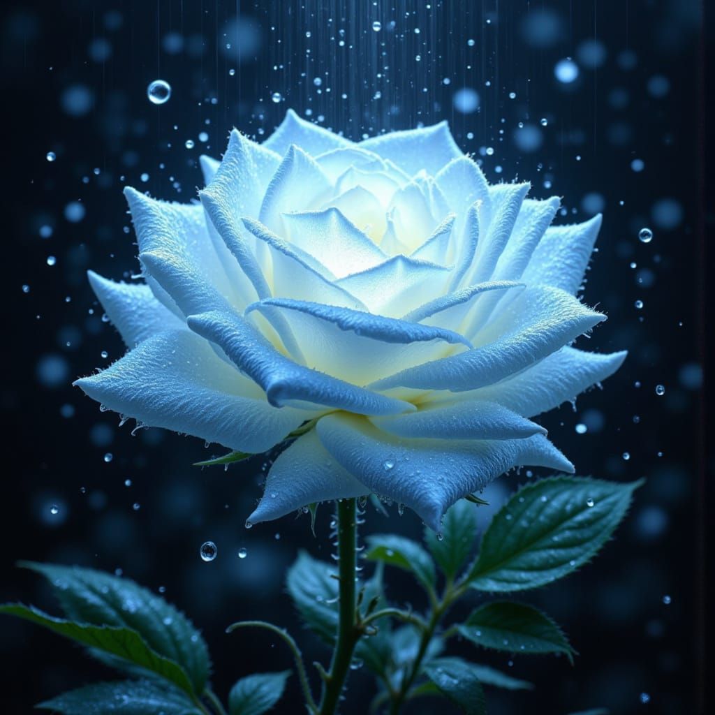 Bioluminescent Rose in Rain, Dreamlike Digital Art