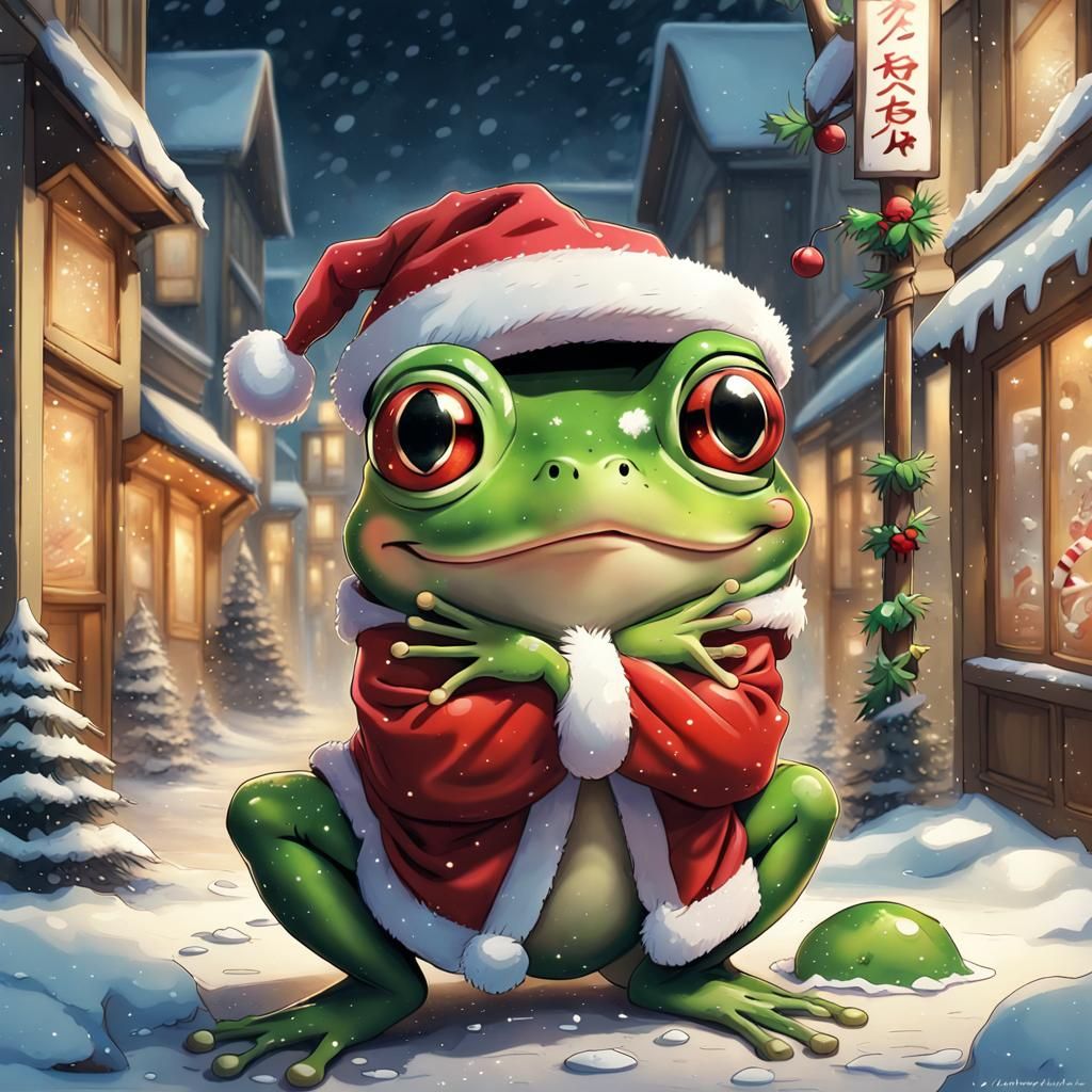 Festive Cartoon Frog Celebrates Christmas in Anime Style