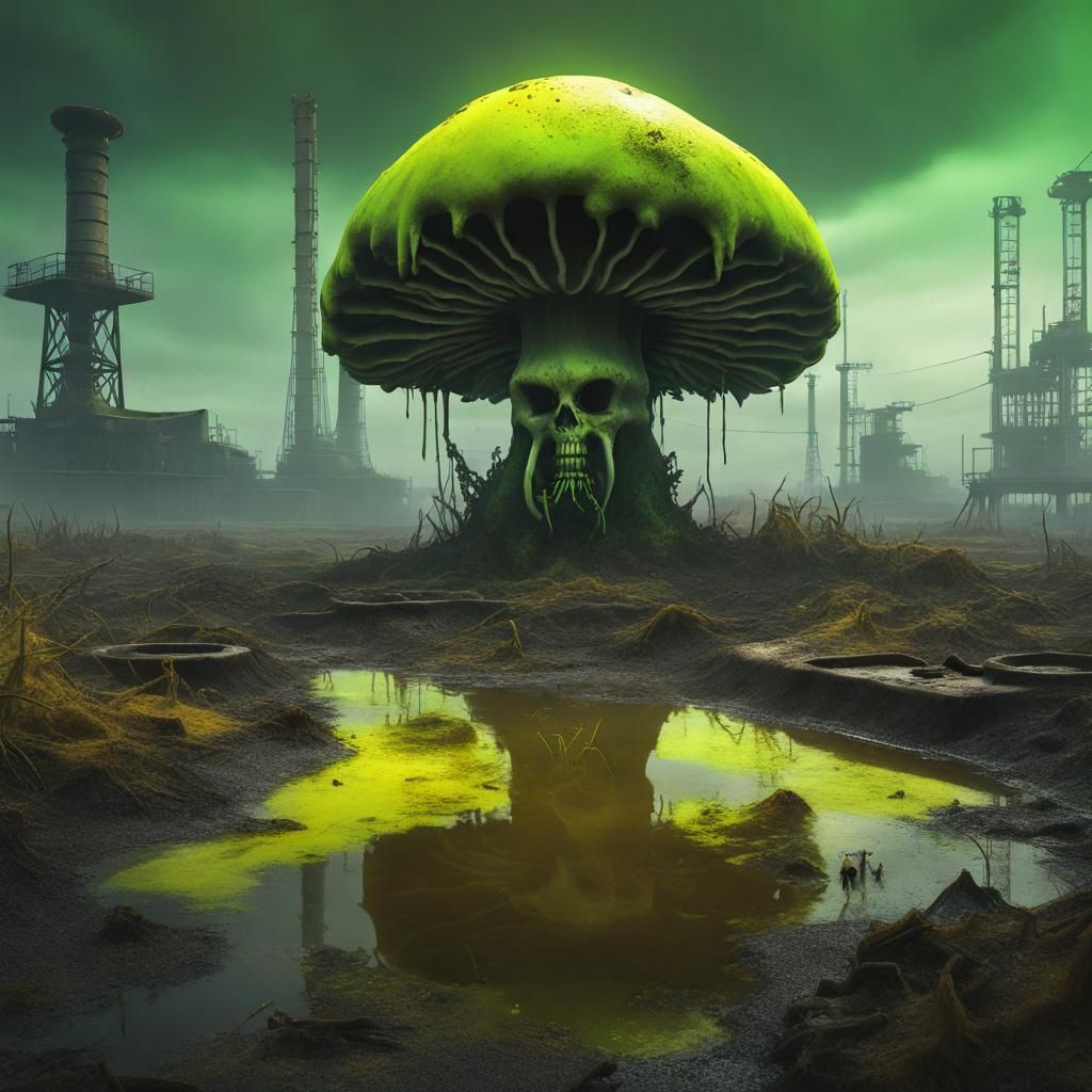 Toxic Mushrooms and Wolf Skeleton in Industrial Wasteland
