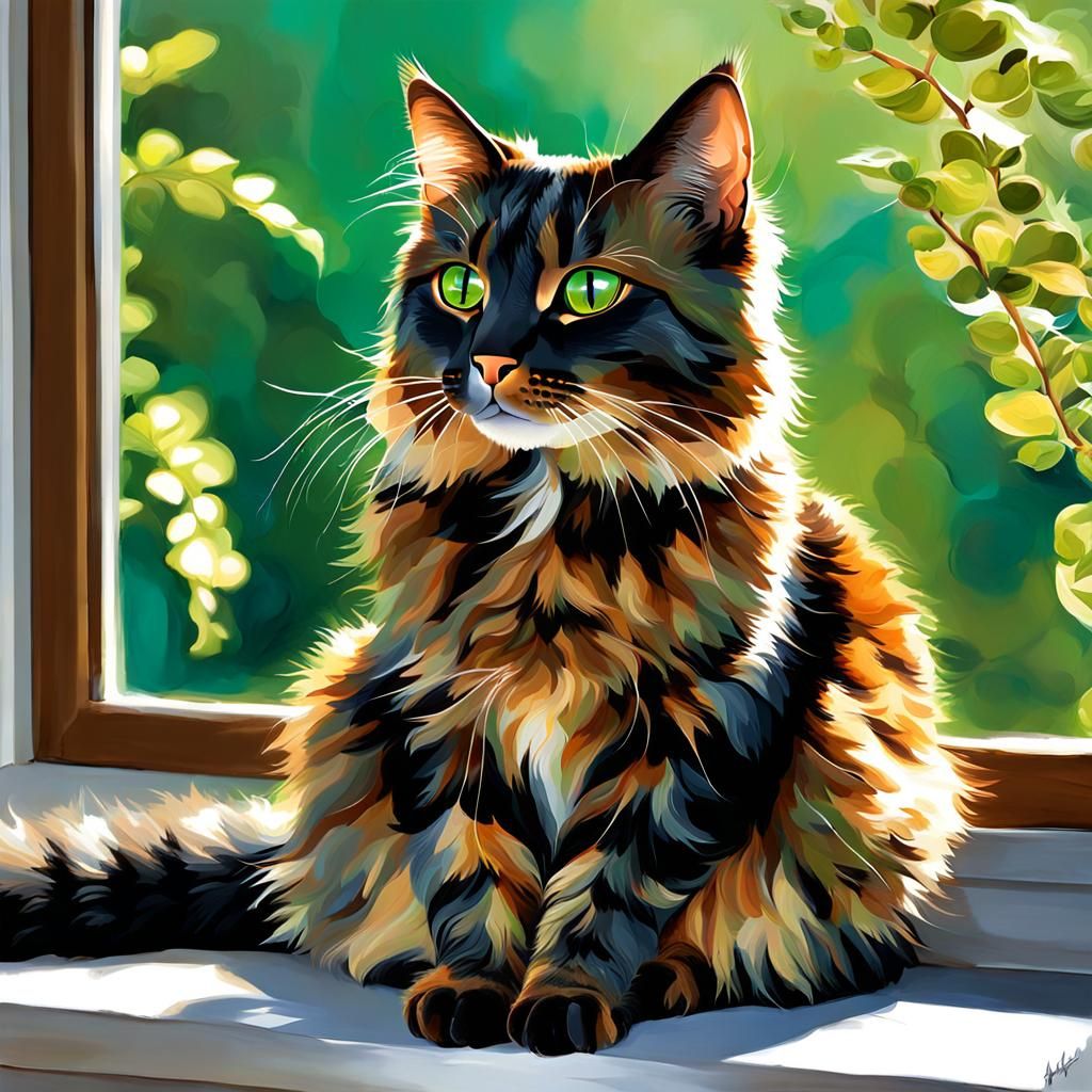 Tortoiseshell Cat on Windowsill in Digital Painting Style