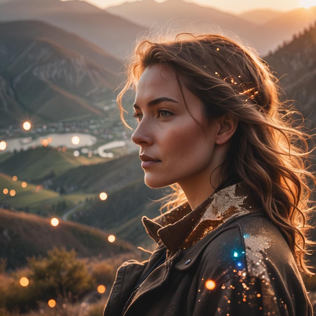 Silhouette Portrait with Sunset Colors and Magic Lights