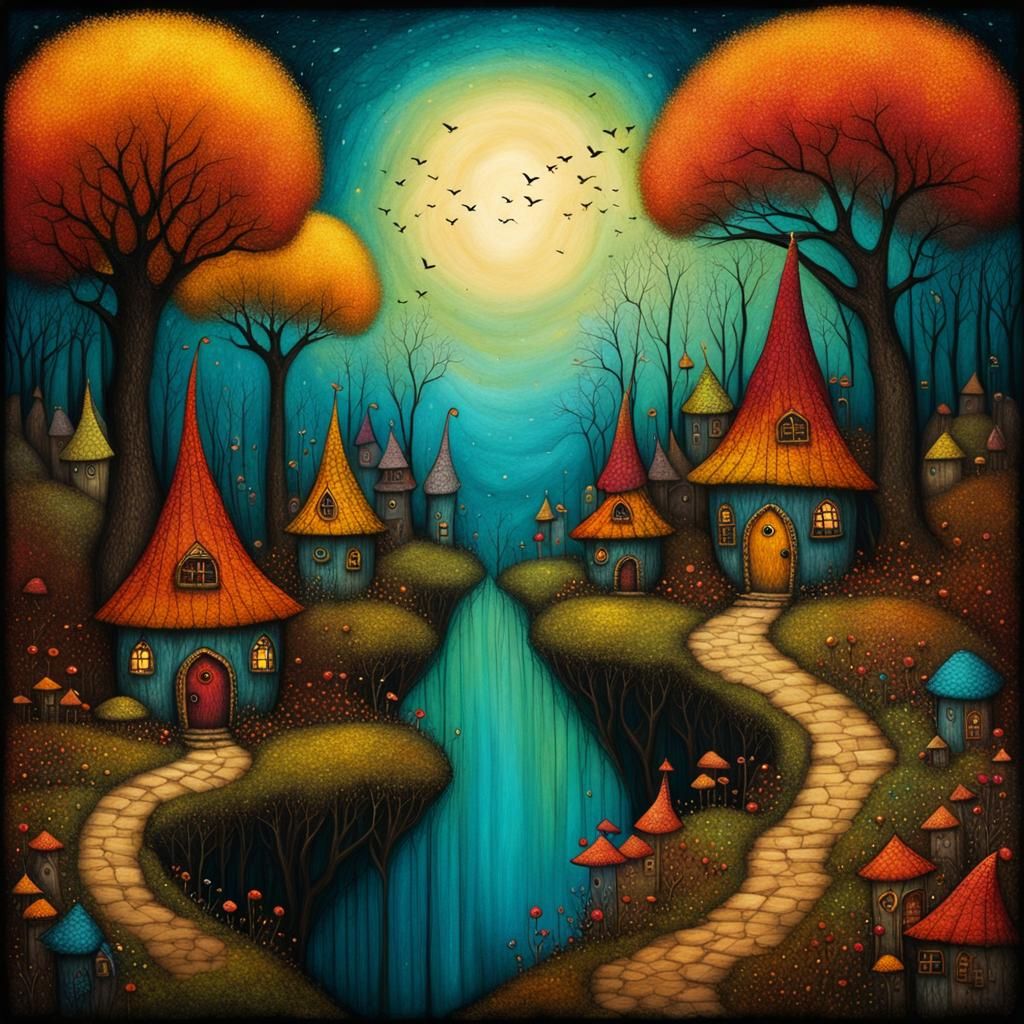 Enchanted Fairy Village in Abstract Style