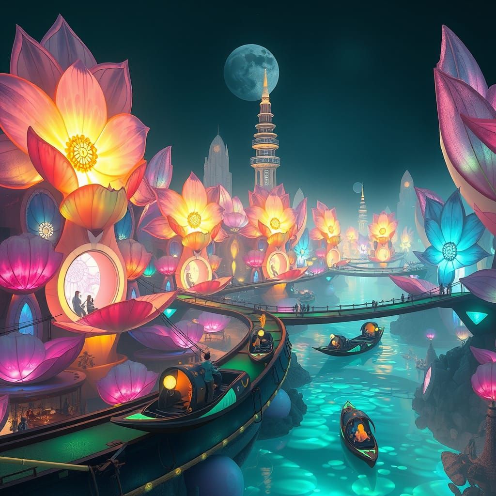 Utopian City of Bioluminescent Flowers in Digital Painting