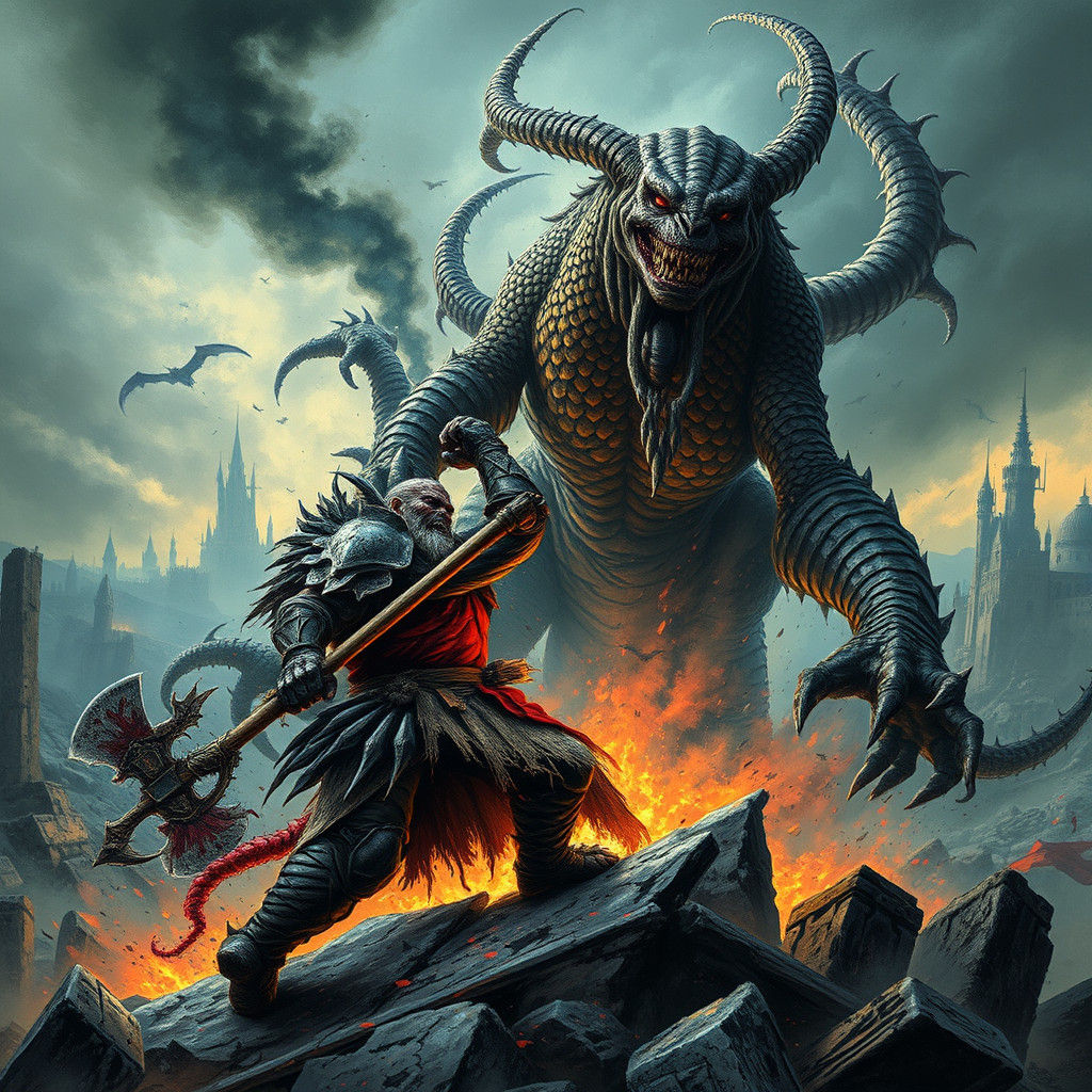 Demon Ogre Battles Monstrous Beast in War-Torn Landscape