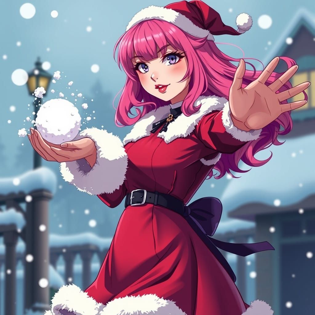 Gothic Santa Goddess Throws Snowball in Vibrant Manga Style