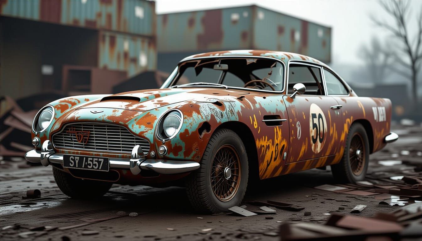 War-Ravaged Aston Martin DB5 in Dystopian Style