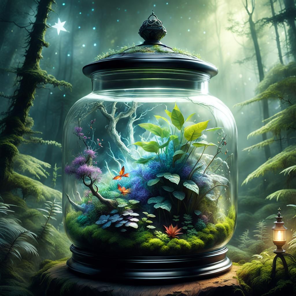 Detailed Terrarium in Glass Jar with Mystic Fog