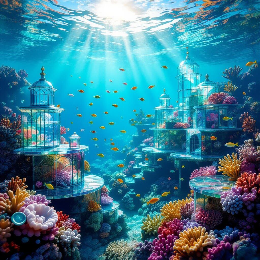 Underwater Sea Glass City with Shimmering Fish