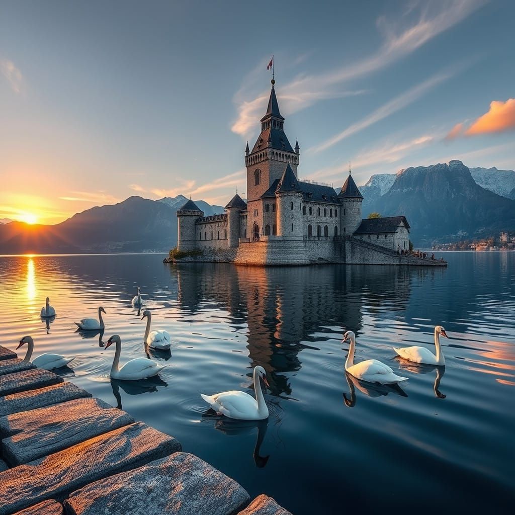 Medieval Castle on Lake Geneva with Majestic Alps Reflection