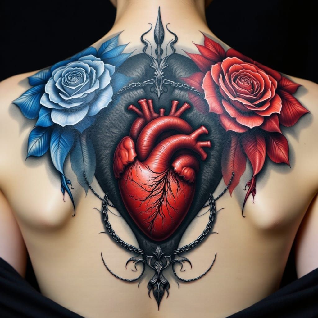 Gothic Tattoo Design with Rune Symbols and Blossoms