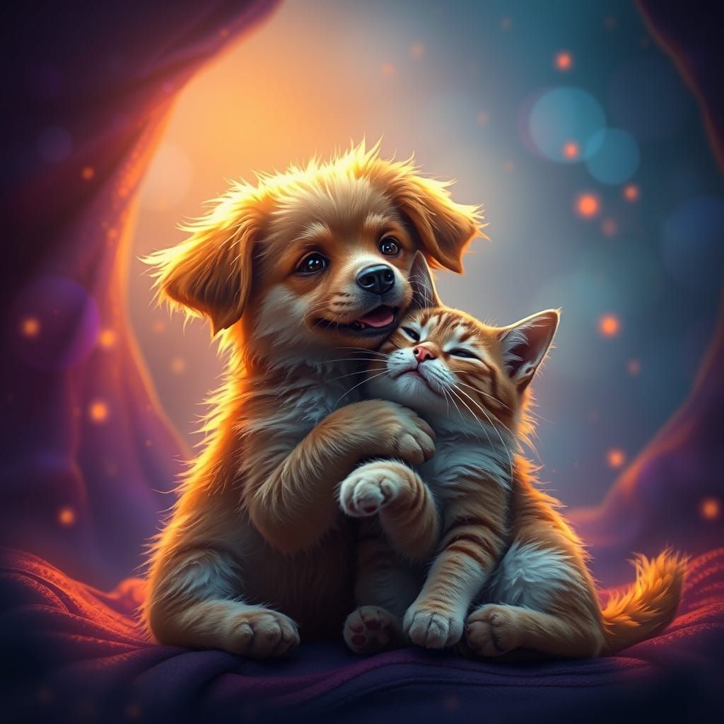Adorable Dog and Cat in Enchanted Wonderland