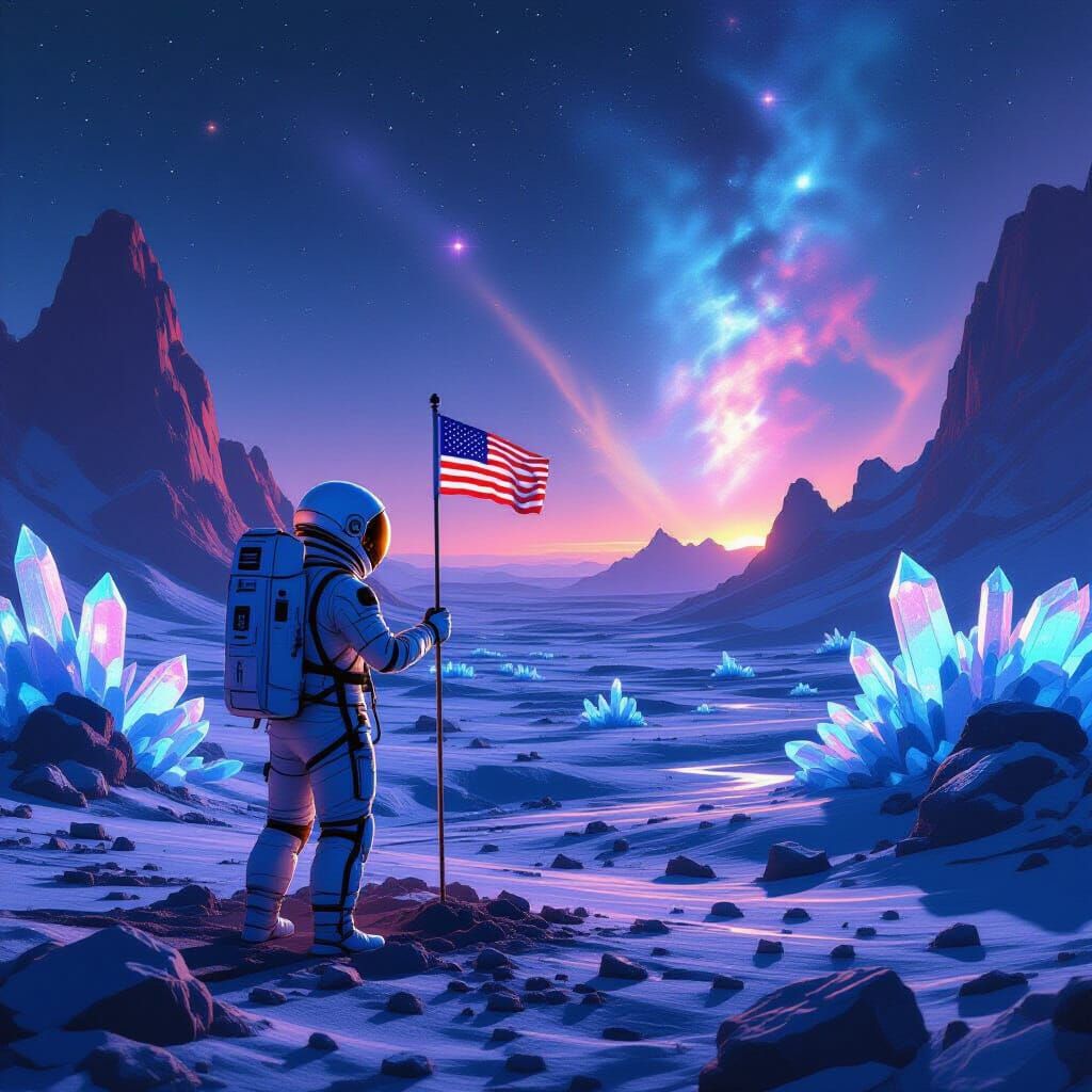 Astronaut Plants Flag on Alien Planet in Dystopian Futurism