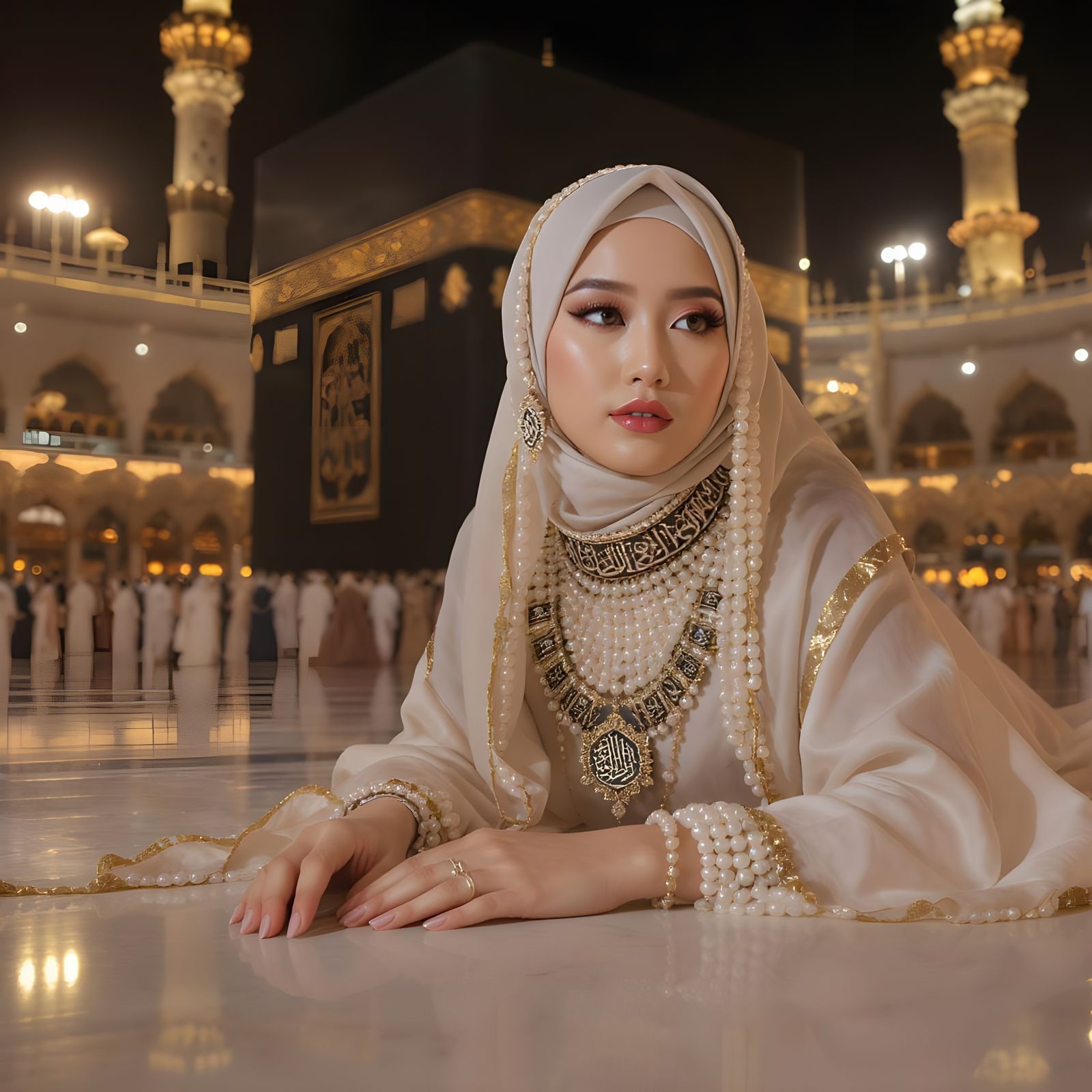 Woman with Pearl Jewelry at the Kaaba