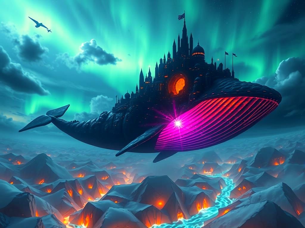 Surreal Cityscape of Swirling Shadows and Radiant Light