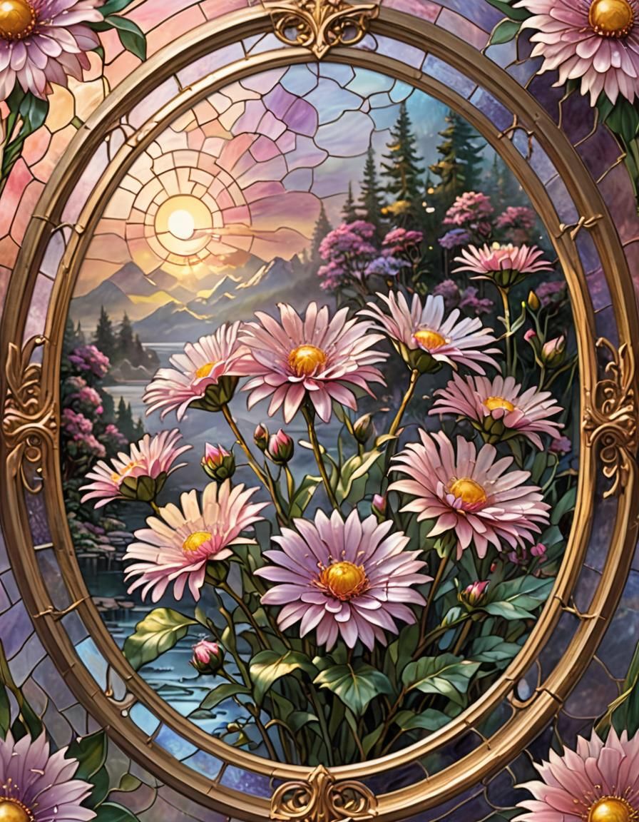 Pink Aster in Stained Glass, Dreamlike Digital Art