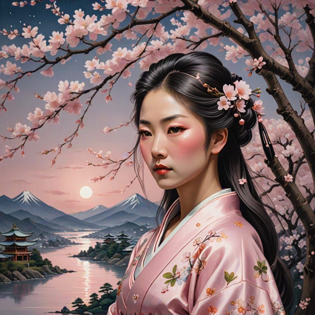Elegant Woman in Pastel Kimono Under Cherry Blossoms