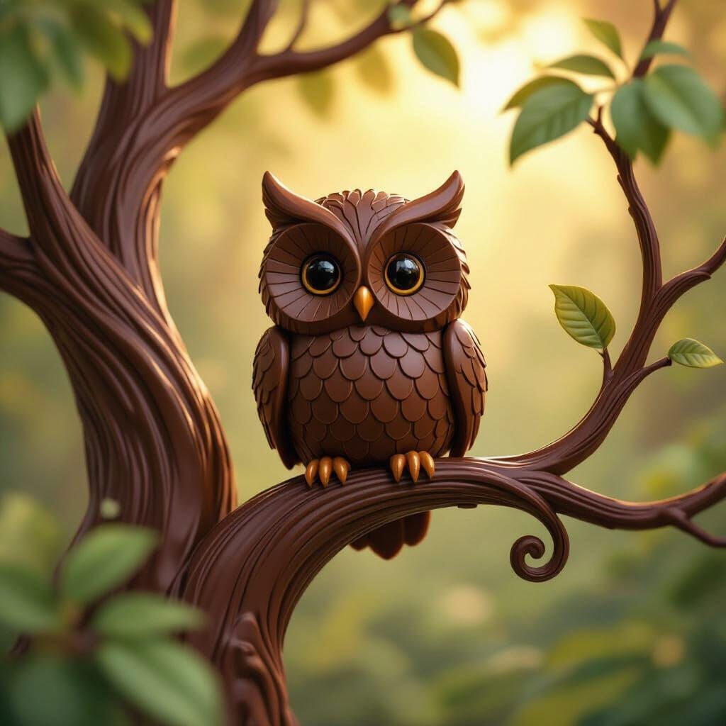 Chocolate Owl Sculpture on Chocolate Tree Branch