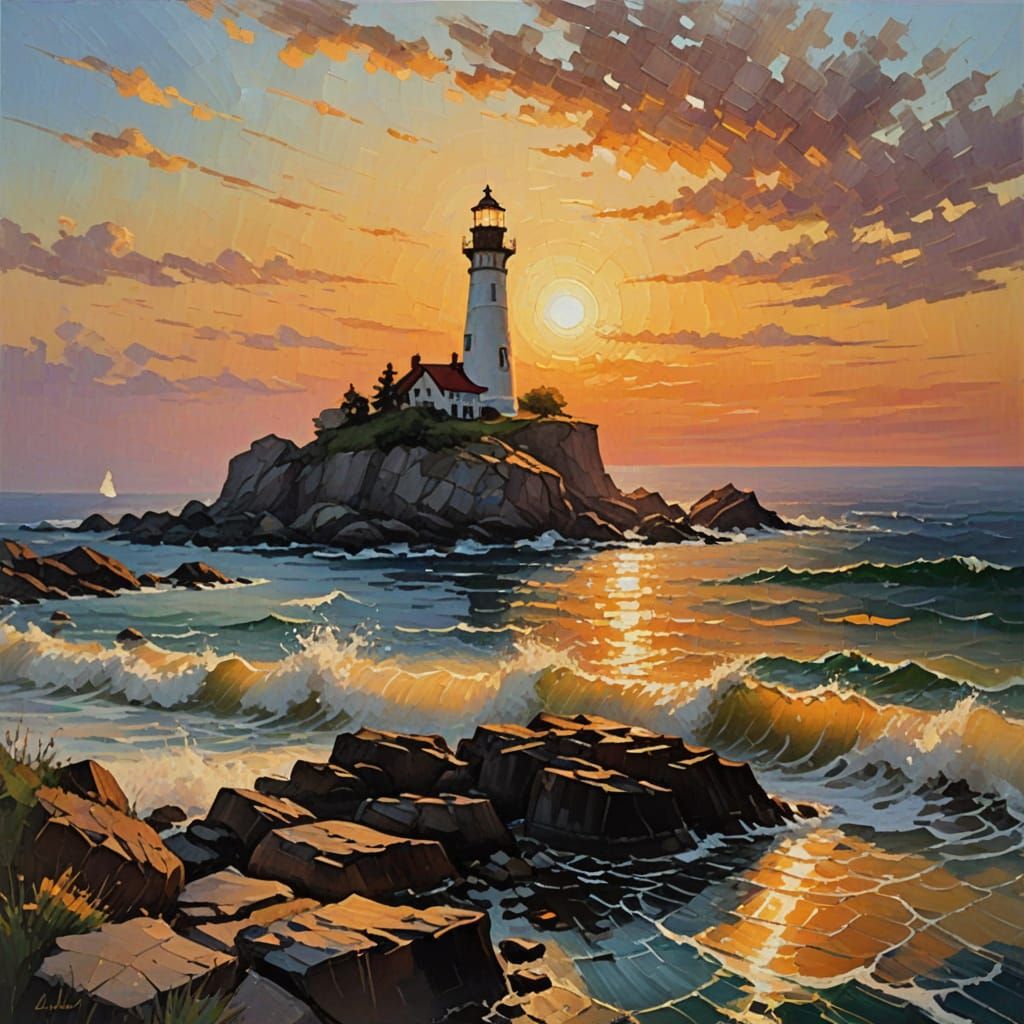 Serene Lighthouse at Golden Hour, Impressionist Oil Painting