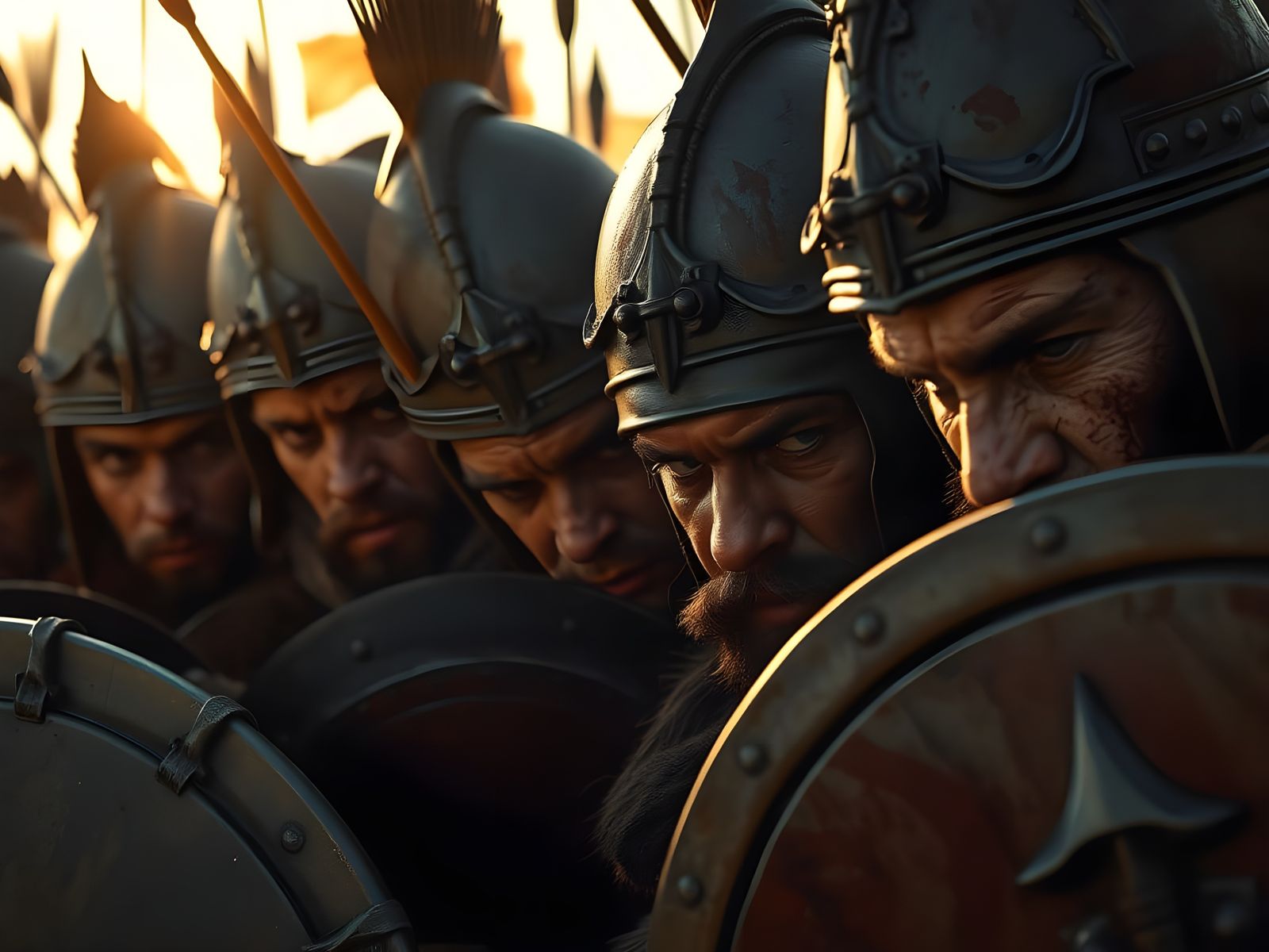 Ancient Warriors Take Cover from Arrows in a Fury of Battle