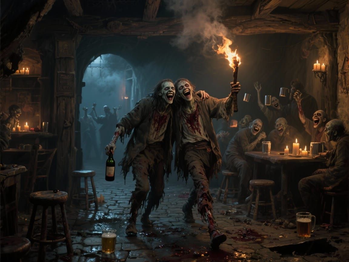 Drunken Zombies Revel in Dark Fantasy Tavern Scene
