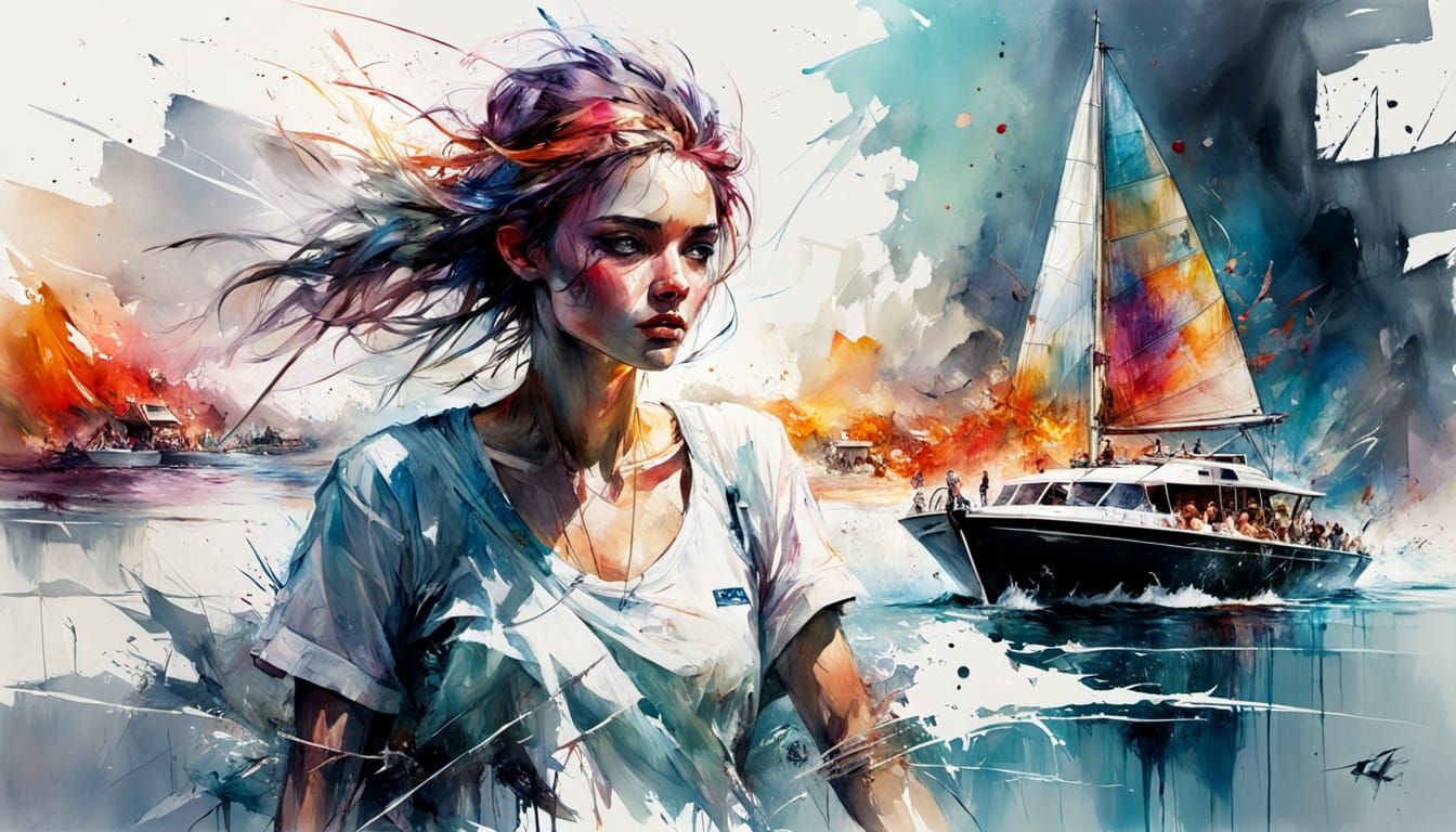 Catamaran Race in Expressive Watercolour Splash Art
