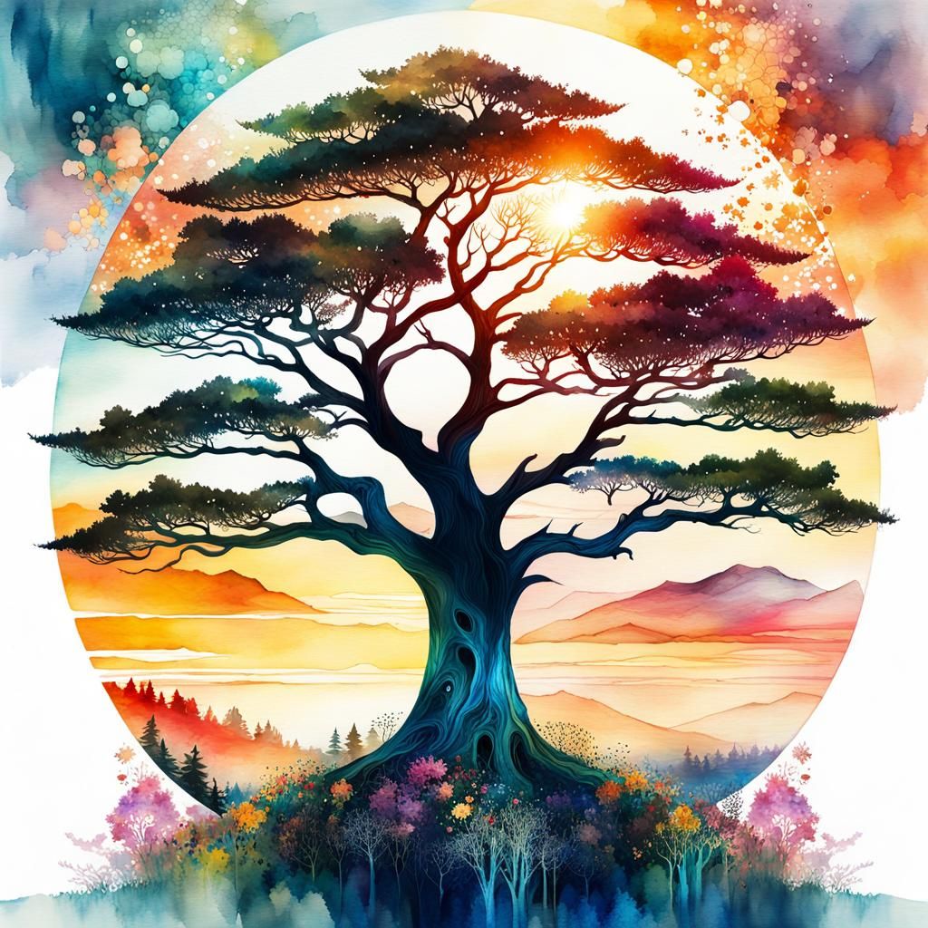 Tree Gazing at Sunset: Watercolor Fairytale Illustration