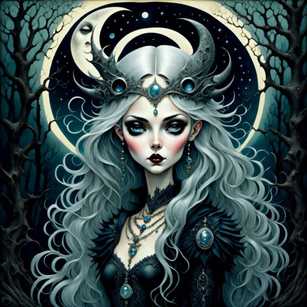 Gothic Moon Goddess Witch in Mark Ryden Style