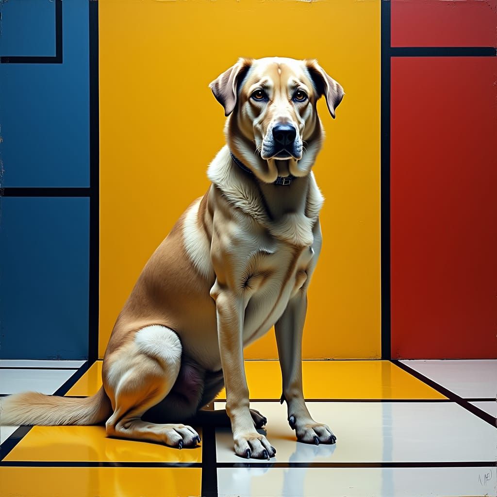 Mondrian-Inspired Surrealism: A Dog Disappears into Geometri...