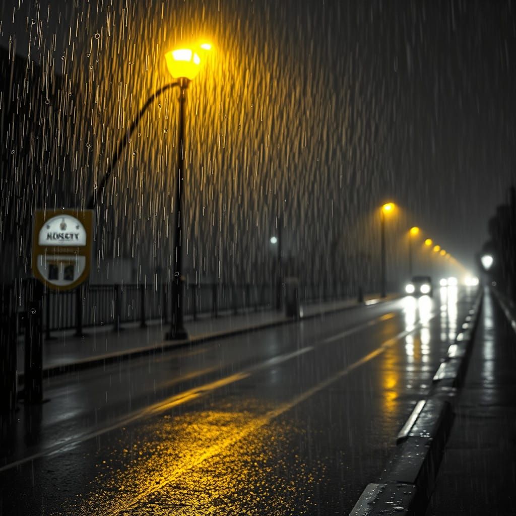 Vibrant Yellow Streetlamp Illuminates Monochromatic Rainy St...