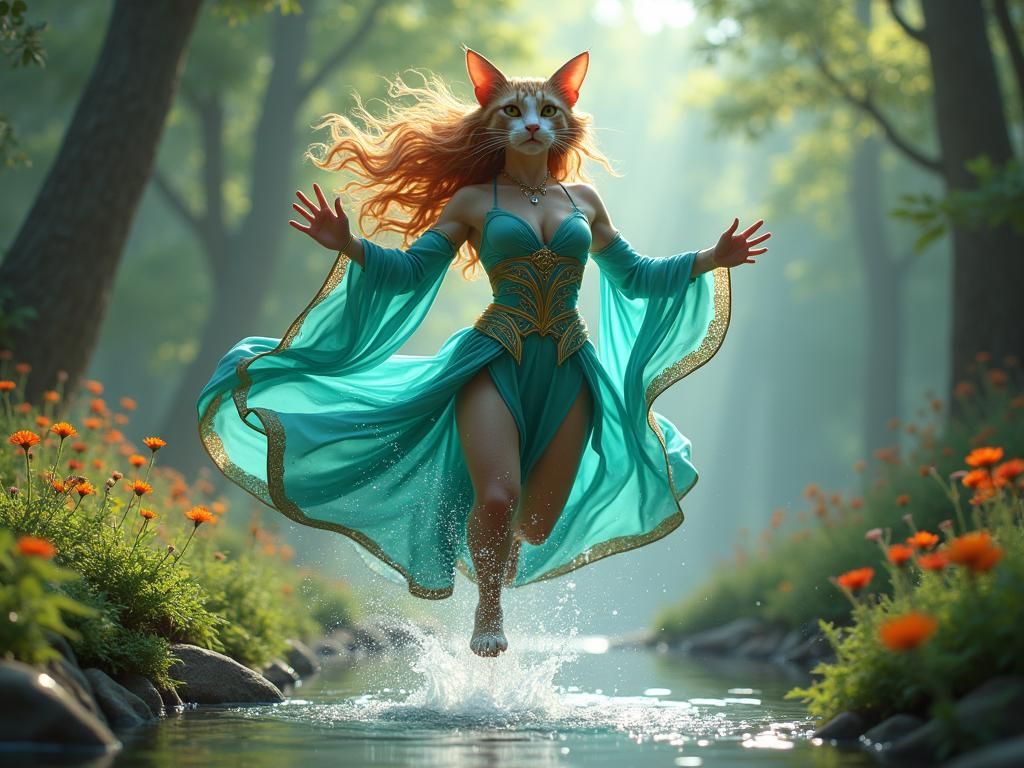 Majestic Cat Jumps in Enchanted Forest