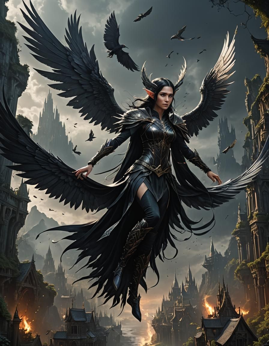 Winged Female Elf with Black Wings