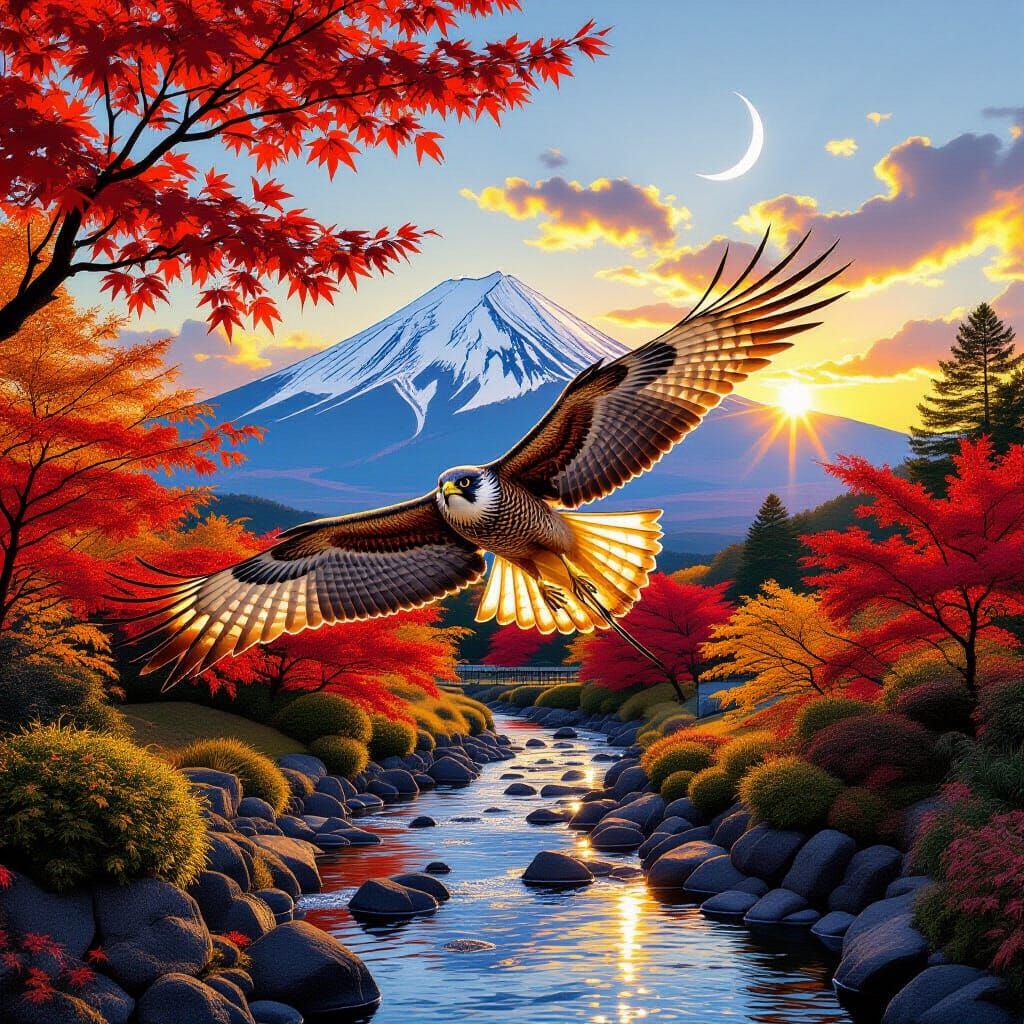 Hunting Falcon Descends on Pheasant with Mount Fuji at Sunse...