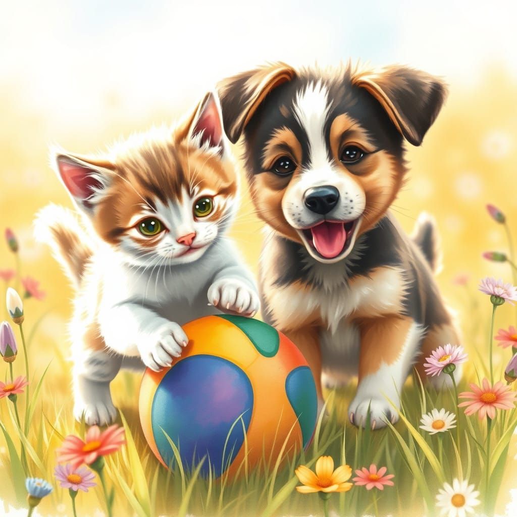 Joyful Kitten and Puppy Play in a Sunlit Meadow