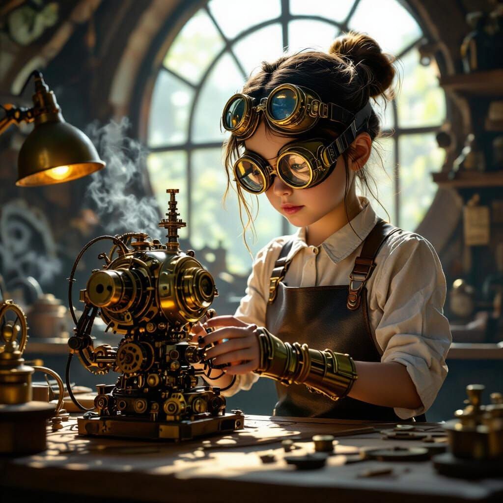 Steampunk Girl Tinkers with Automaton in Sunlit Workshop