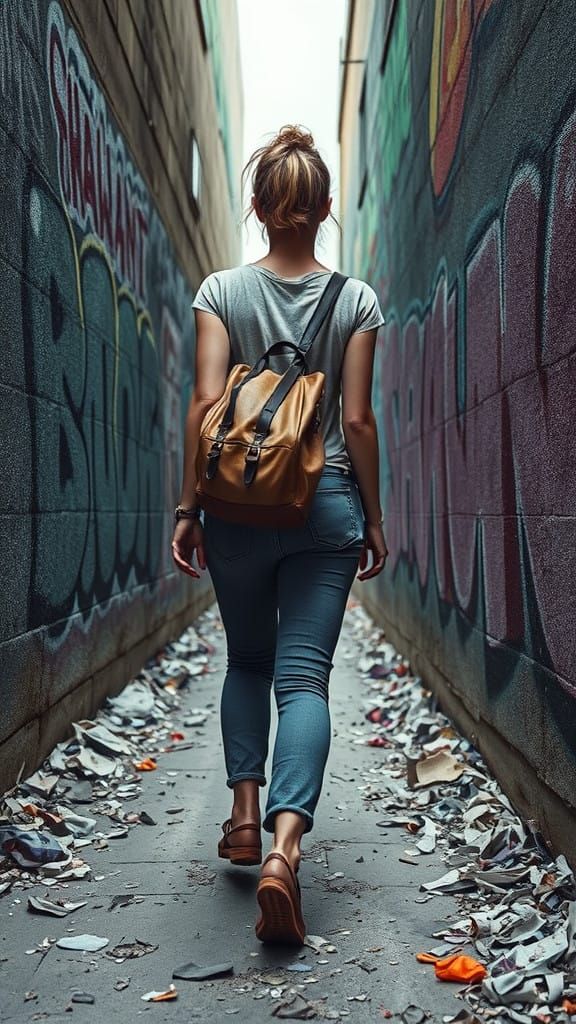 Courageous Woman Navigates a Vibrant Urban Labyrinth