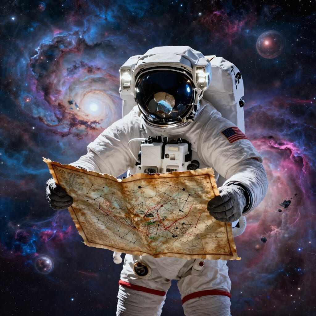 Astronaut Adrift in Nebula with Unknown Constellations Map