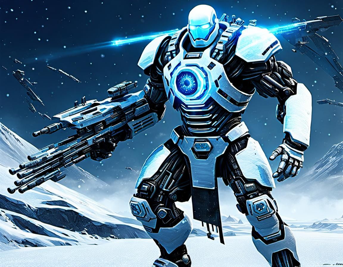 Cybernetic Snowman Warrior in Futuristic Sci-Fi Style