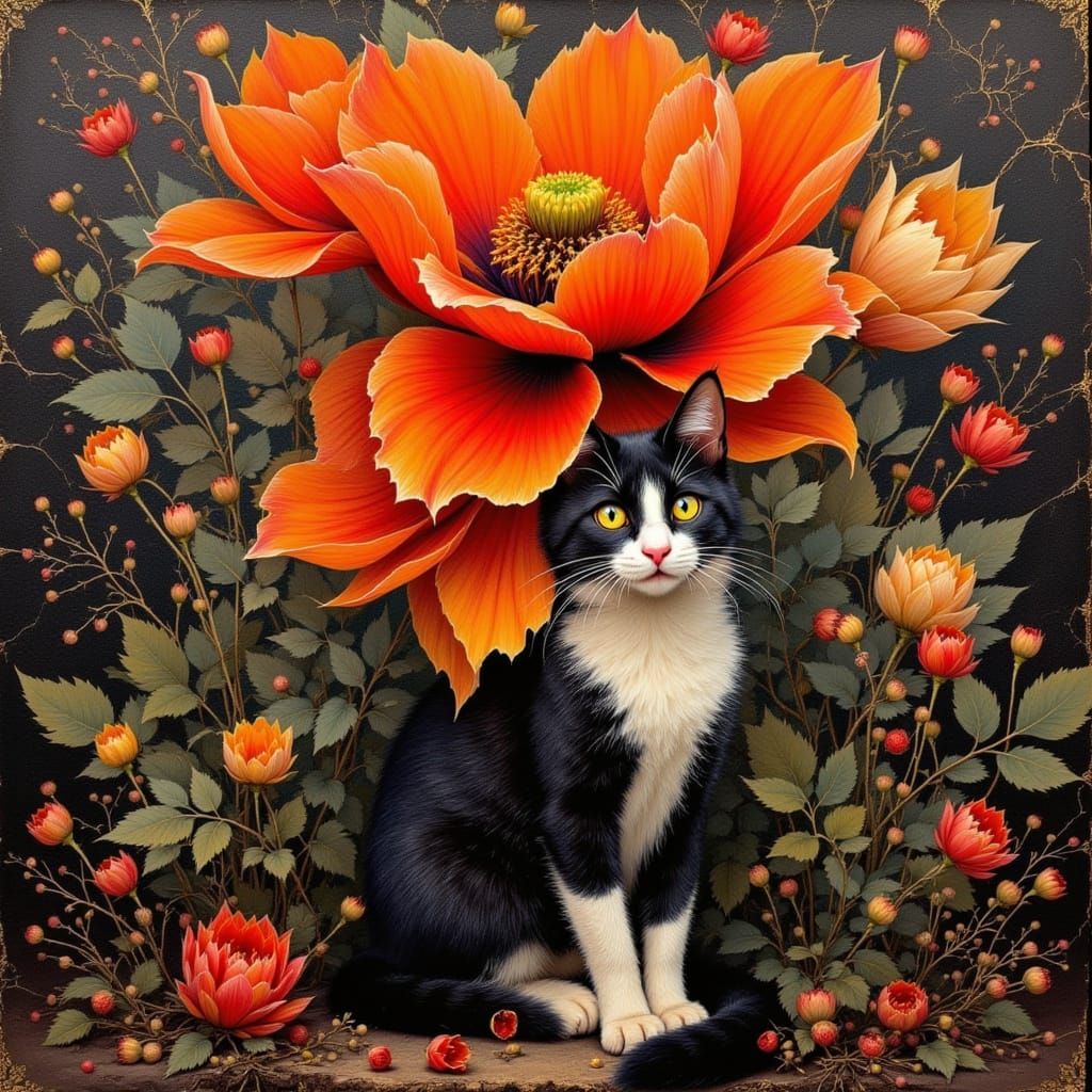 Elegant Cat Surrounded by Vibrant Blossoms in a Rococo Oil P...
