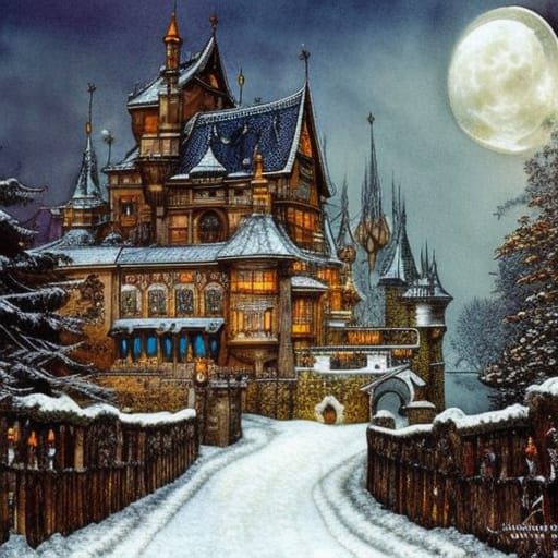 Fairytale Winter Castle in Watercolor Style
