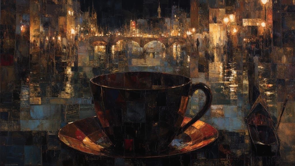 Surreal Venice in a Coffee Cup, Abstract Geometric Style
