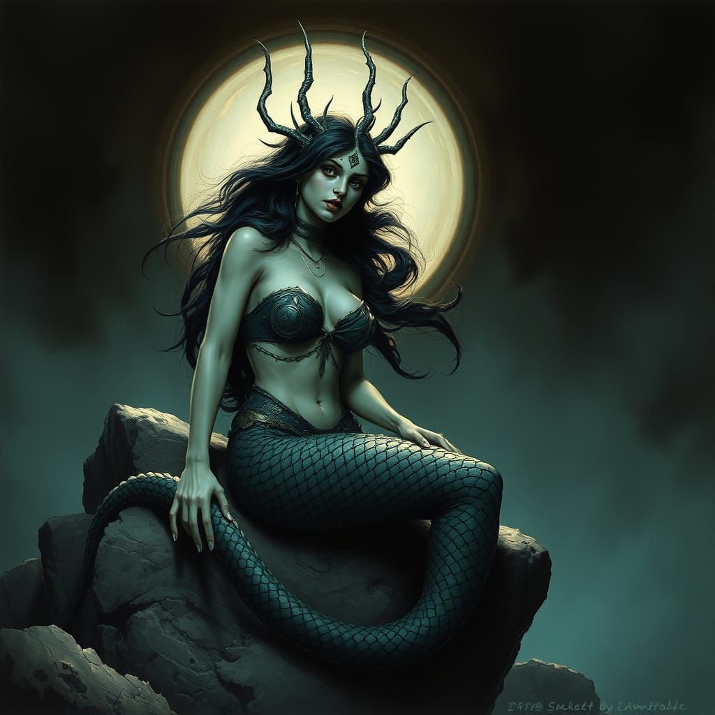 Evil Mermaid in Dark Fantasy Style on a Rock