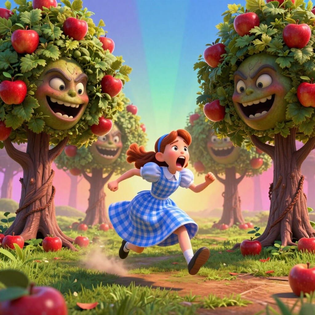 Dorothy Flees Twisted Apple Trees in Pixar Style