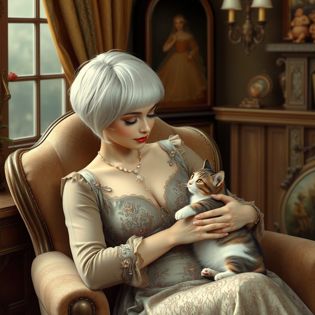 Elegant Woman Petting Cat, in Art Nouveau Style