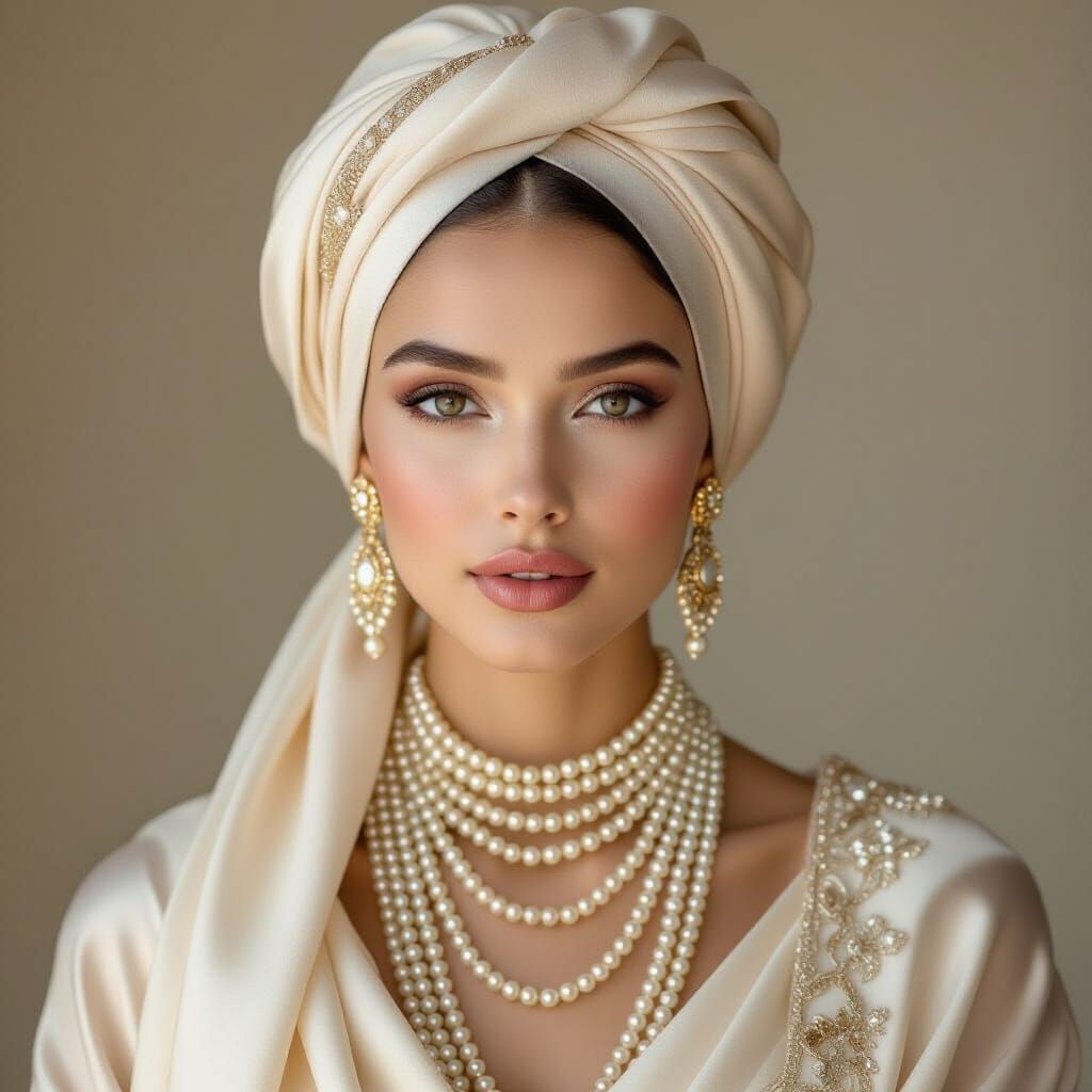 Elegant Woman in Silk Turban with Pearls, Oil Painting Style