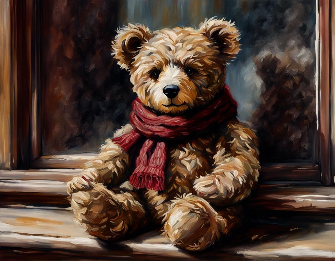 Victorian Teddy Bear with Sad Eyes, Nostalgic Oil Painting