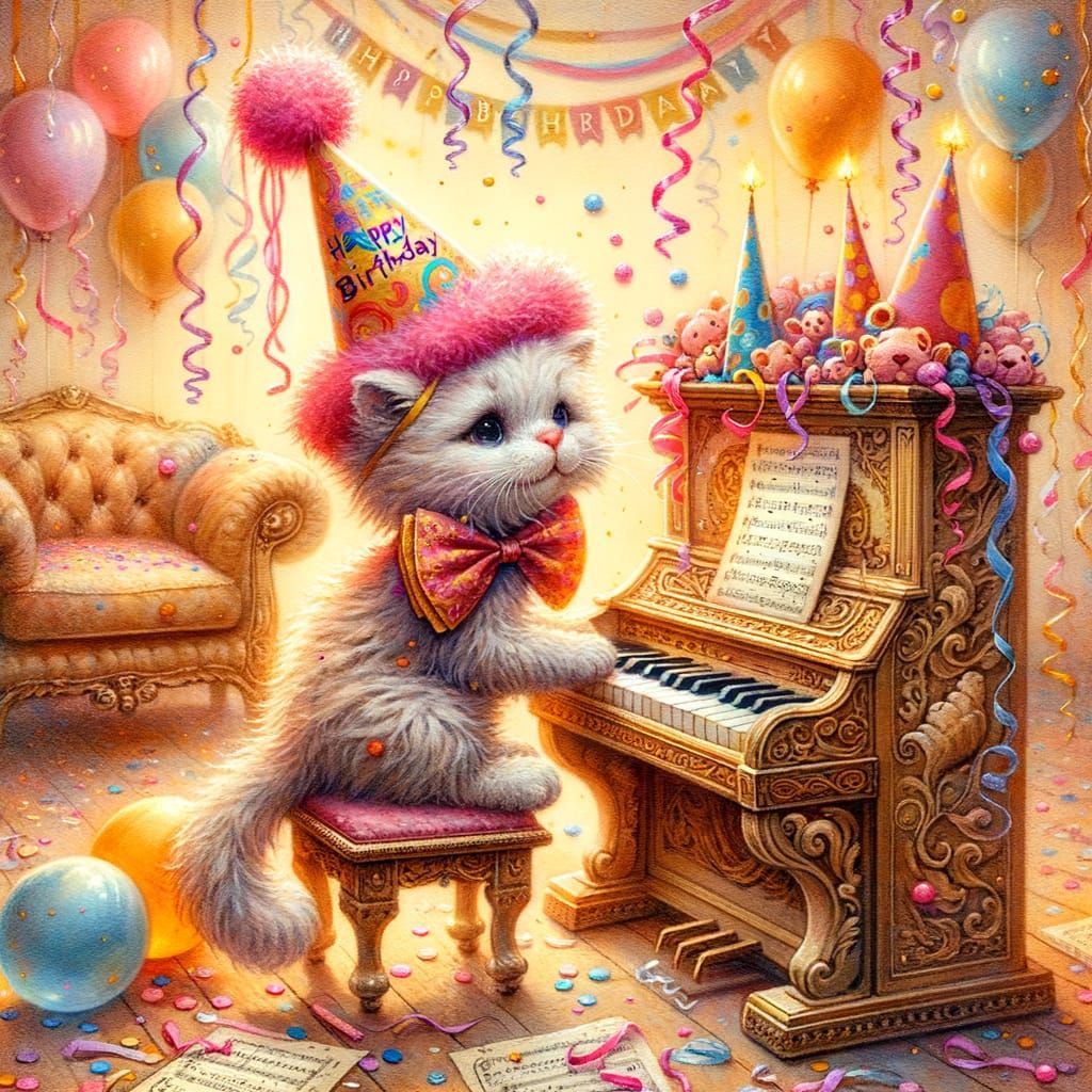 Whimsical Cat Celebrates Birthday in Cozy Art Nouveau-Inspir...